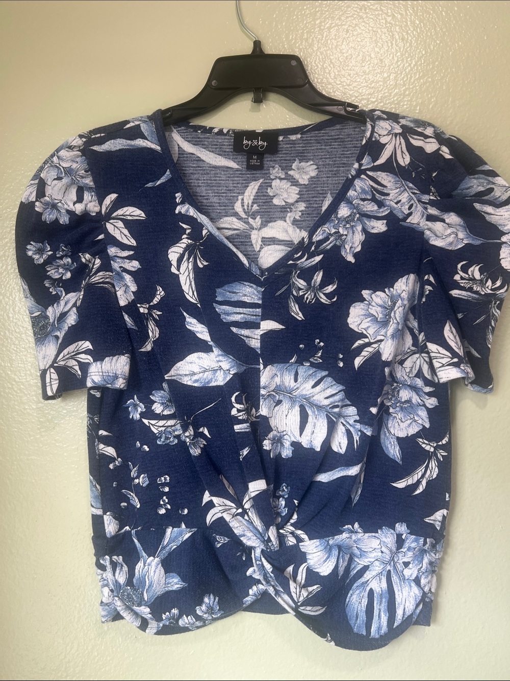 Byer California Navy White Floral Twist-Front V-Neck Top